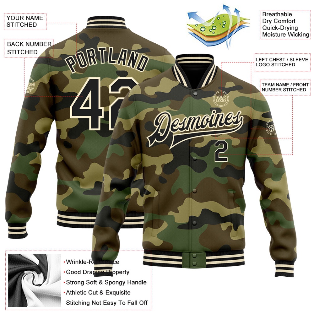 Custom Camo Black Cream Bomber Full Snap Varsity Letterman Salute To Service Jacket, Custom Team Jacket