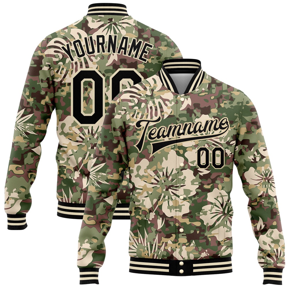 Custom Camo Black Cream Hawaii Palm Leaves 3D Bomber Full Snap Varsity Letterman Salute To Service Jacket, Custom Team Jacket