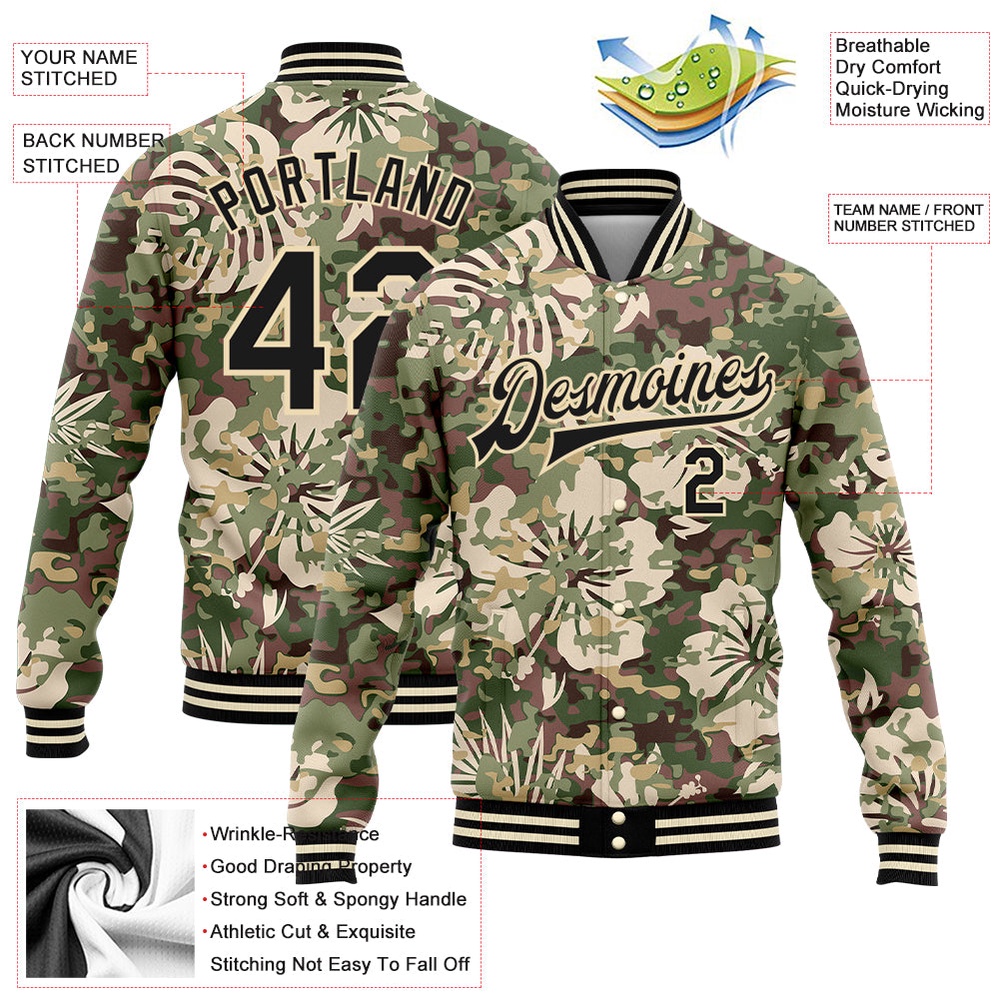 Custom Camo Black Cream Hawaii Palm Leaves 3D Bomber Full Snap Varsity Letterman Salute To Service Jacket, Custom Team Jacket