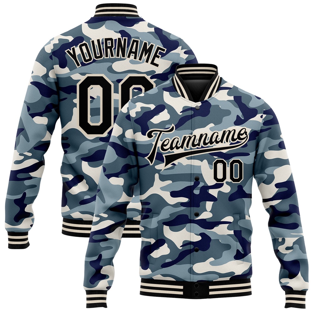 Custom Camo Black Cream Ocean Camouflage 3D Bomber Full Snap Varsity Letterman Salute To Service Jacket, Custom Team Jacket