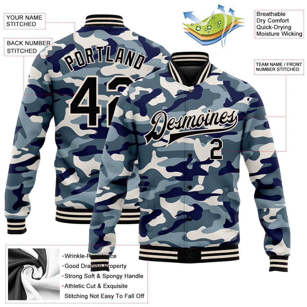 Custom Camo Black Cream Ocean Camouflage 3D Bomber Full Snap Varsity Letterman Salute To Service Jacket, Custom Team Jacket