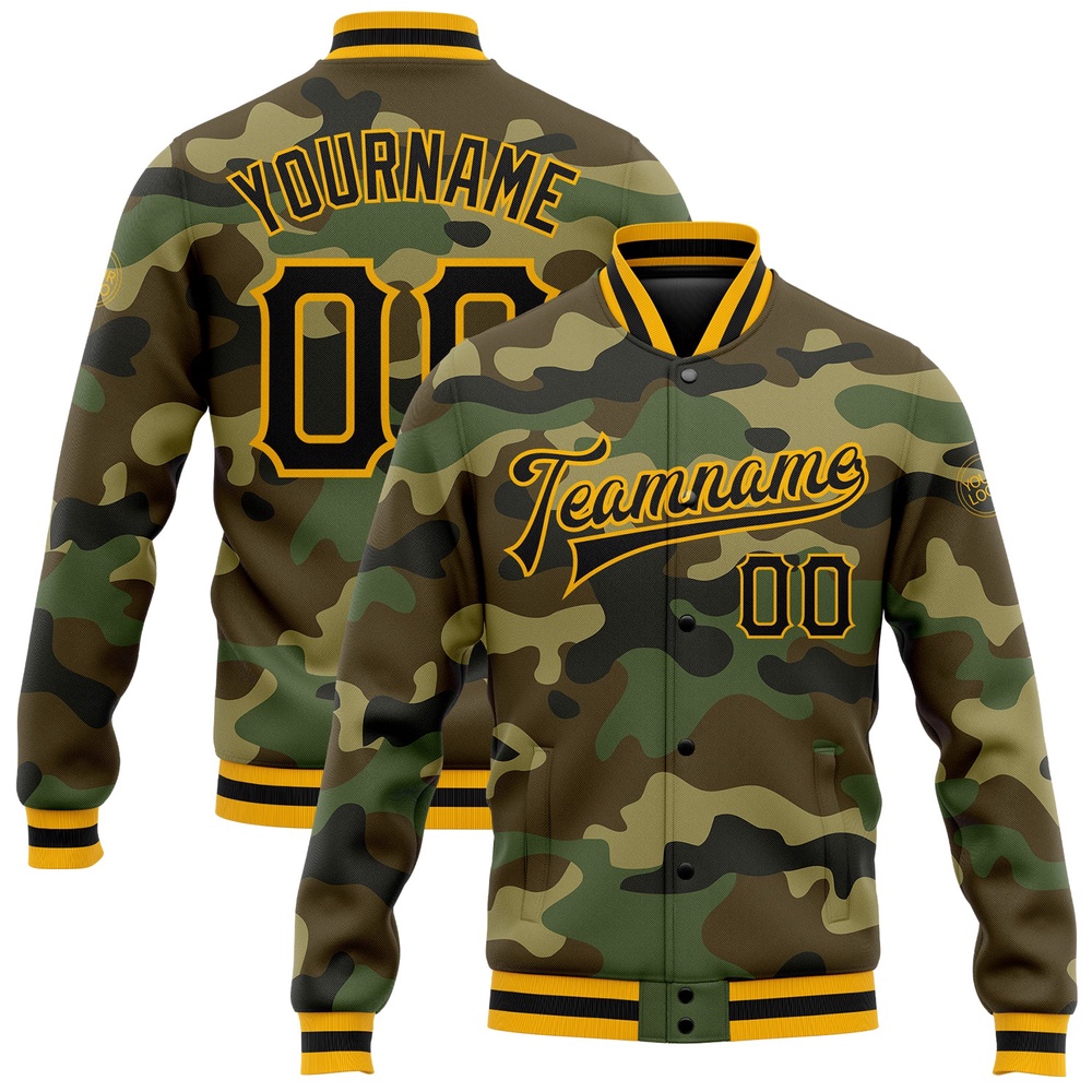 Custom Camo Black Gold Bomber Full Snap Varsity Letterman Salute To Service Jacket, Custom Team Jacket