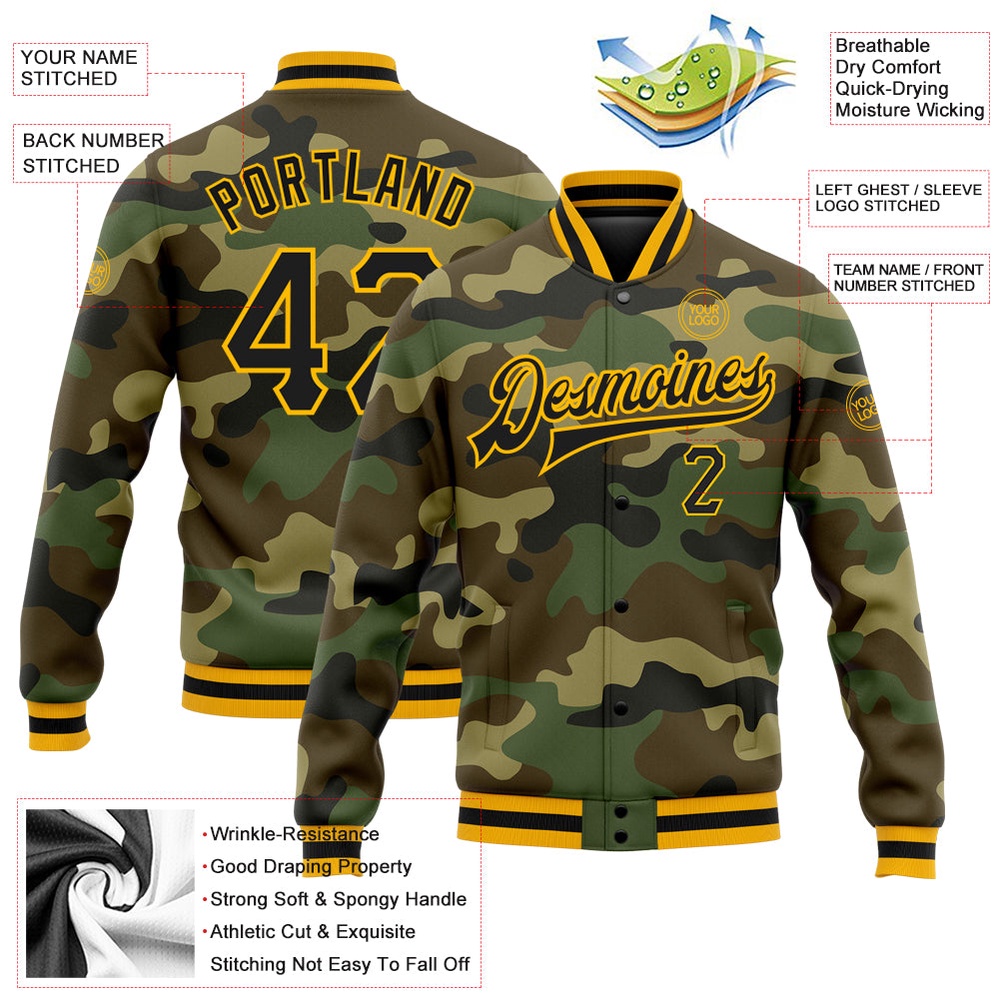 Custom Camo Black Gold Bomber Full Snap Varsity Letterman Salute To Service Jacket, Custom Team Jacket