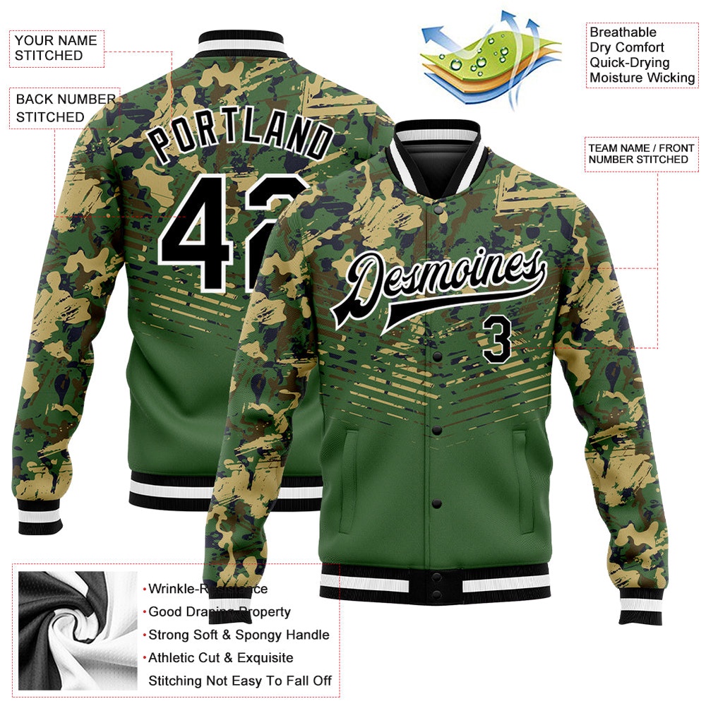 Custom Camo Black Kelly Green 3D Bomber Full Snap Varsity Letterman Salute To Service Jacket, Custom Team Jacket