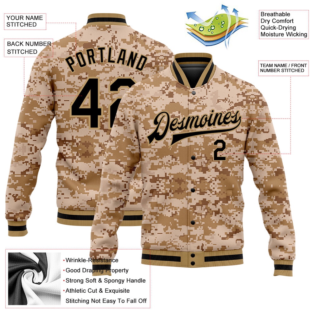 Custom Camo Black Old Gold 3D Bomber Full Snap Varsity Letterman Salute To Service Jacket, Custom Team Jacket