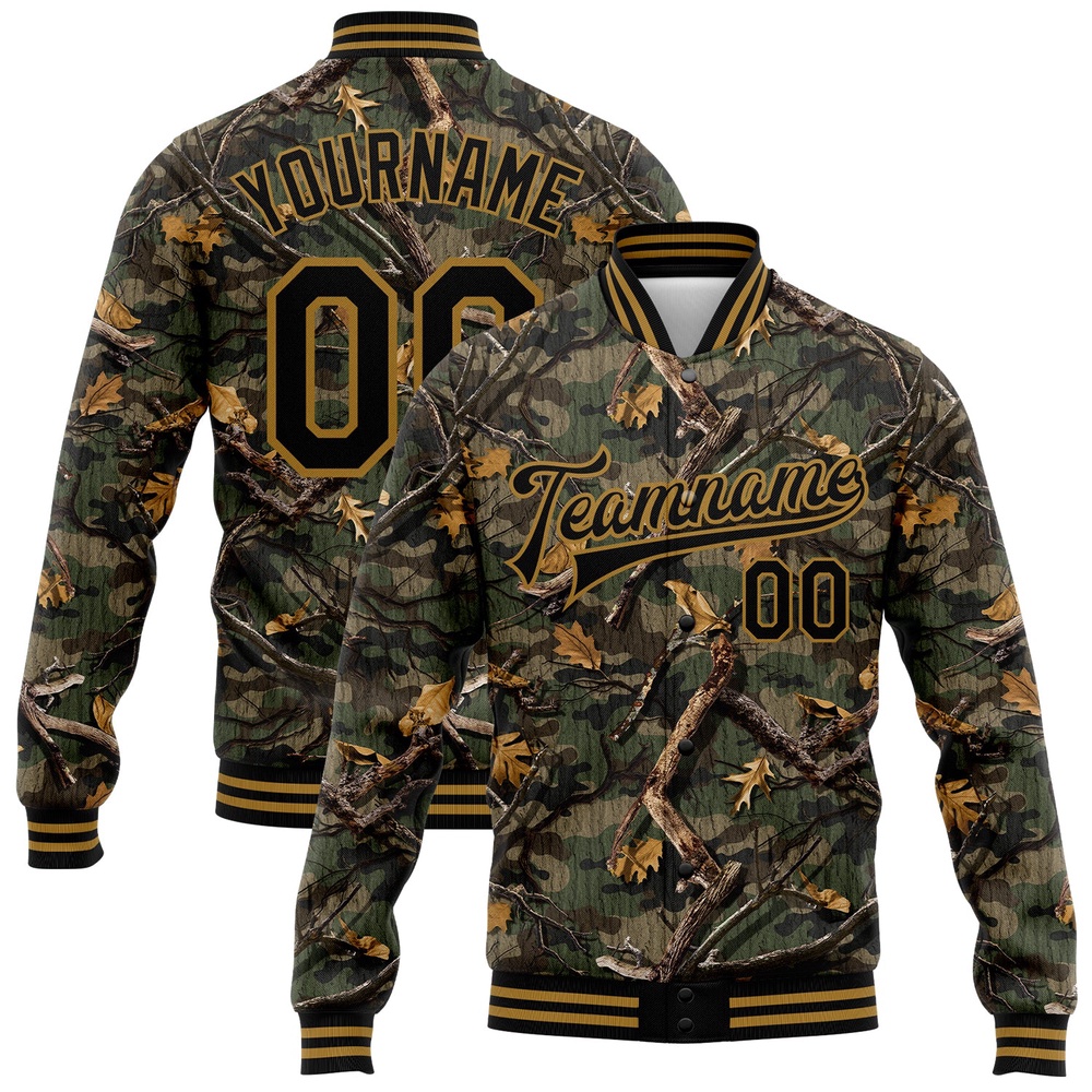 Custom Camo Black Old Gold Classic Wood Camouflage 3D Bomber Full Snap Varsity Letterman Salute To Service Jacket, Custom Team Jacket