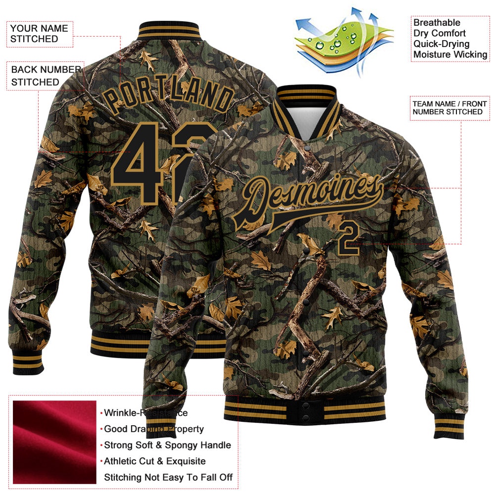 Custom Camo Black Old Gold Classic Wood Camouflage 3D Bomber Full Snap Varsity Letterman Salute To Service Jacket, Custom Team Jacket