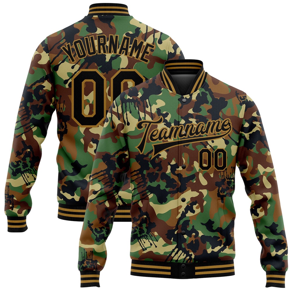Custom Camo Black Old Gold Graffiti Drips 3D Pattern Design Bomber Full Snap Varsity Letterman Salute To Service Jacket, Custom Team Jacket