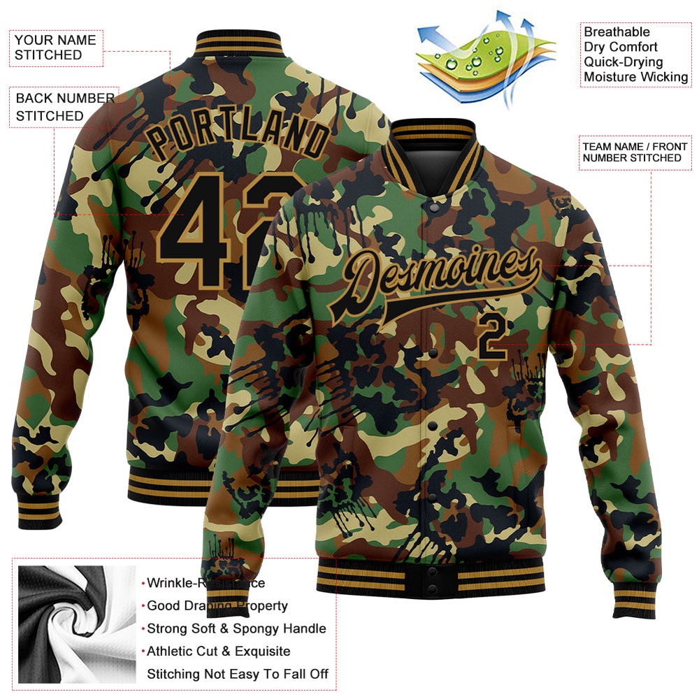 Custom Camo Black Old Gold Graffiti Drips 3D Pattern Design Bomber Full Snap Varsity Letterman Salute To Service Jacket, Custom Team Jacket