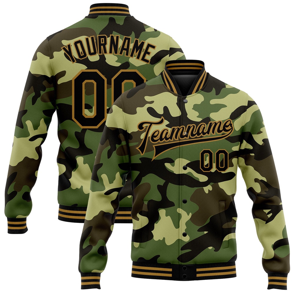 Custom Camo Black Old Gold Jungle Camouflage 3D Bomber Full Snap Varsity Letterman Salute To Service Jacket, Custom Team Jacket