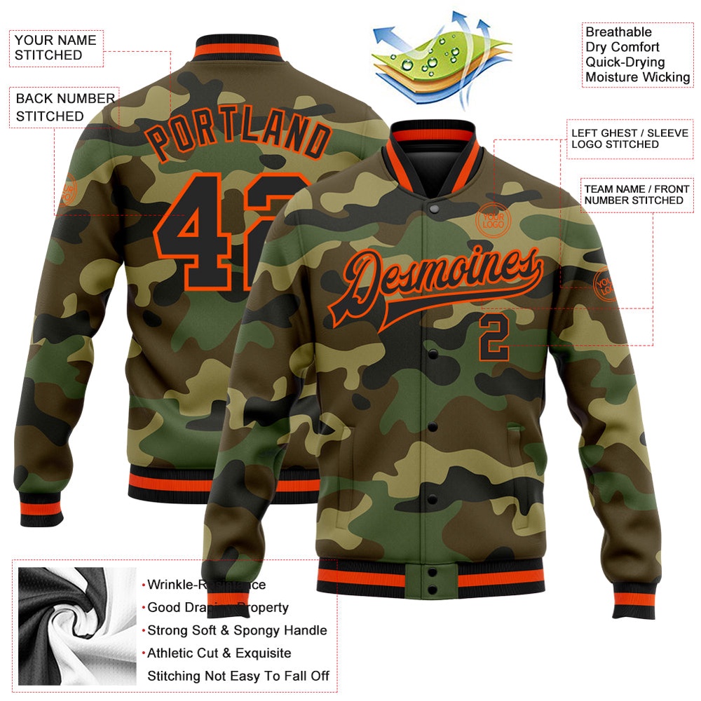 Custom Camo Black Orange Bomber Full Snap Varsity Letterman Salute To Service Jacket, Custom Team Jacket