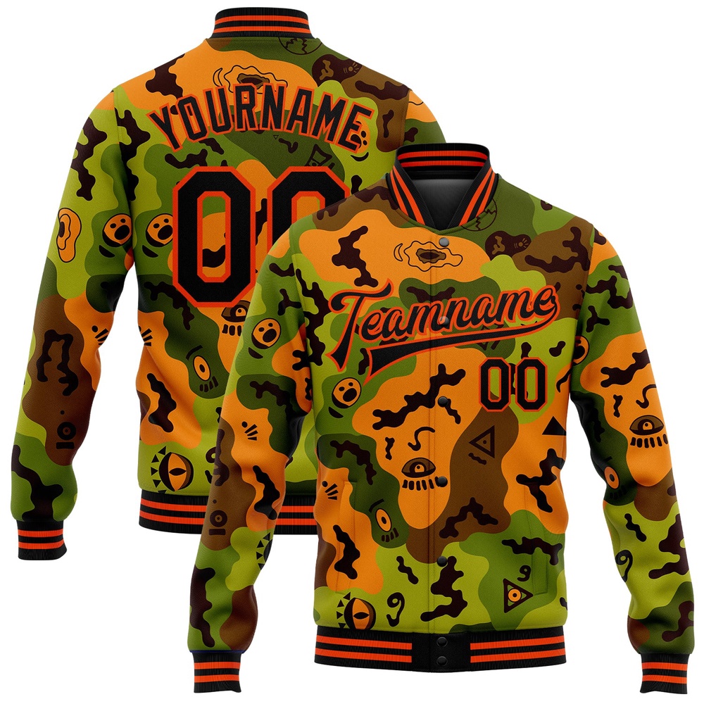 Custom Camo Black Orange Funny Faces 3D Pattern Design Bomber Full Snap Varsity Letterman Salute To Service Jacket, Custom Team Jacket