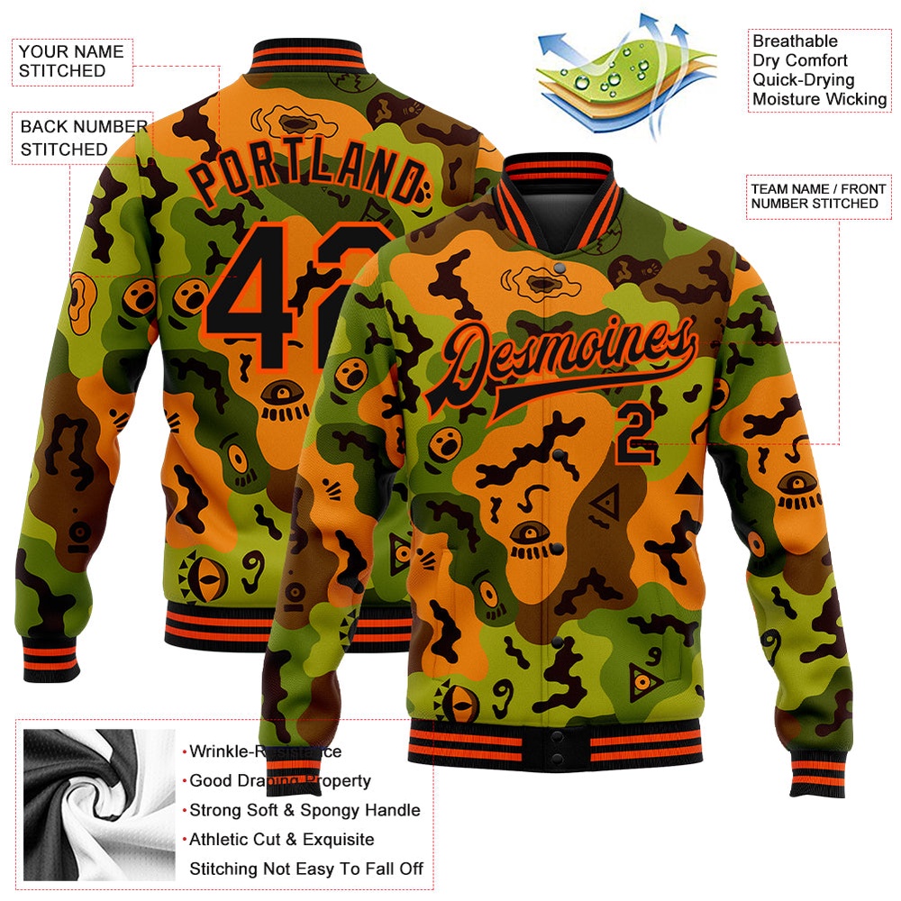 Custom Camo Black Orange Funny Faces 3D Pattern Design Bomber Full Snap Varsity Letterman Salute To Service Jacket, Custom Team Jacket
