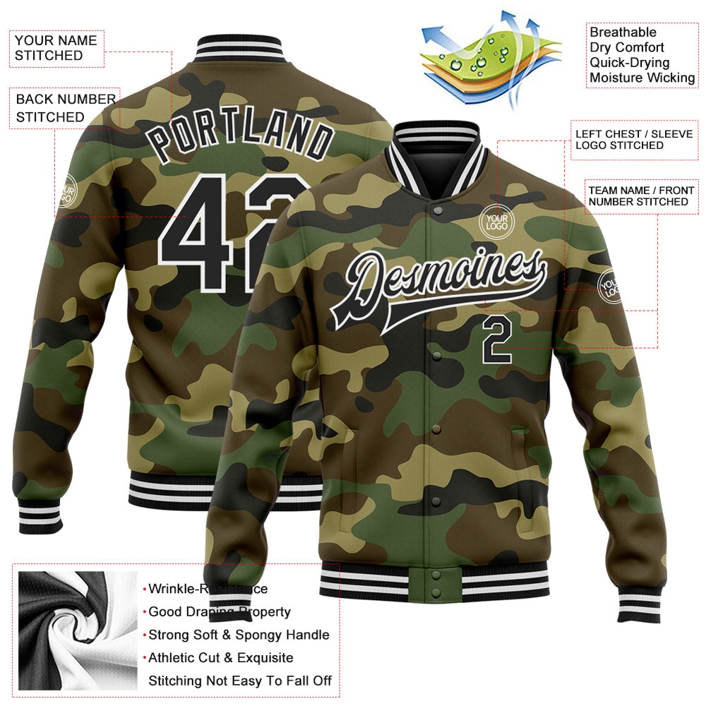 Custom Camo Black White Bomber Full Snap Varsity Letterman Salute To Service Jacket, Custom Team Jacket