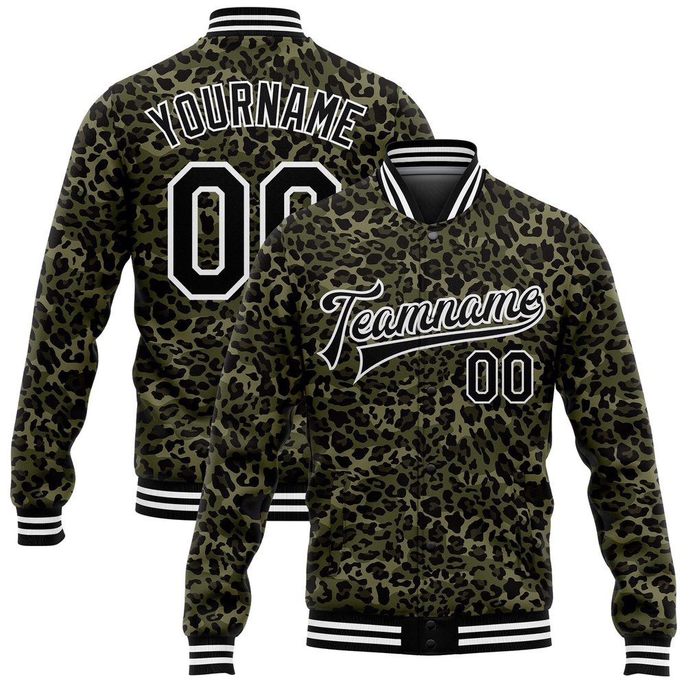 Custom Camo Black White Leopard Print 3D Pattern Design Bomber Full Snap Varsity Letterman Salute To Service Jacket, Custom Team Jacket
