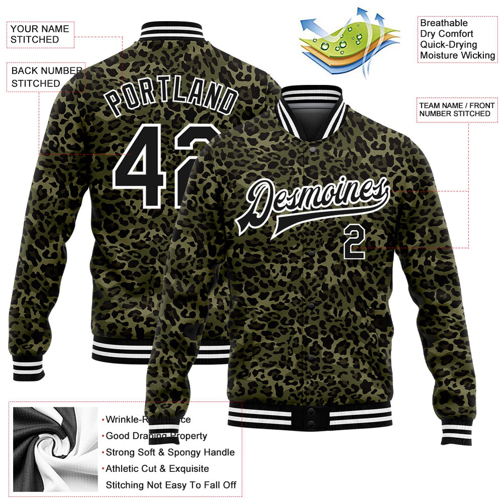 Custom Camo Black White Leopard Print 3D Pattern Design Bomber Full Snap Varsity Letterman Salute To Service Jacket, Custom Team Jacket