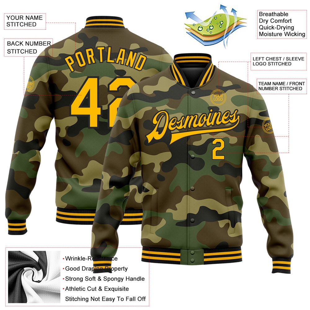 Custom Camo Gold Black Bomber Full Snap Varsity Letterman Salute To Service Jacket, Custom Team Jacket