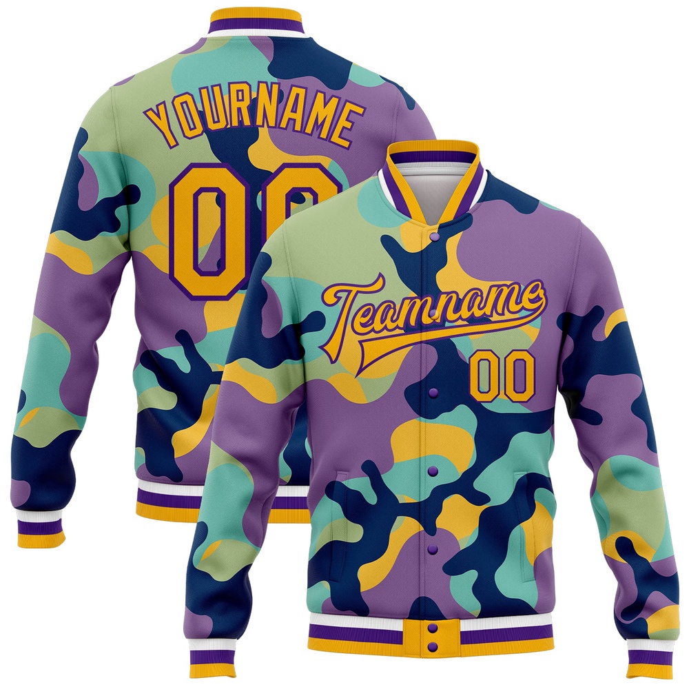 Custom Camo Gold Purple Fluorescent Camouflage 3D Bomber Full Snap Varsity Letterman Salute To Service Jacket, Custom Team Jacket