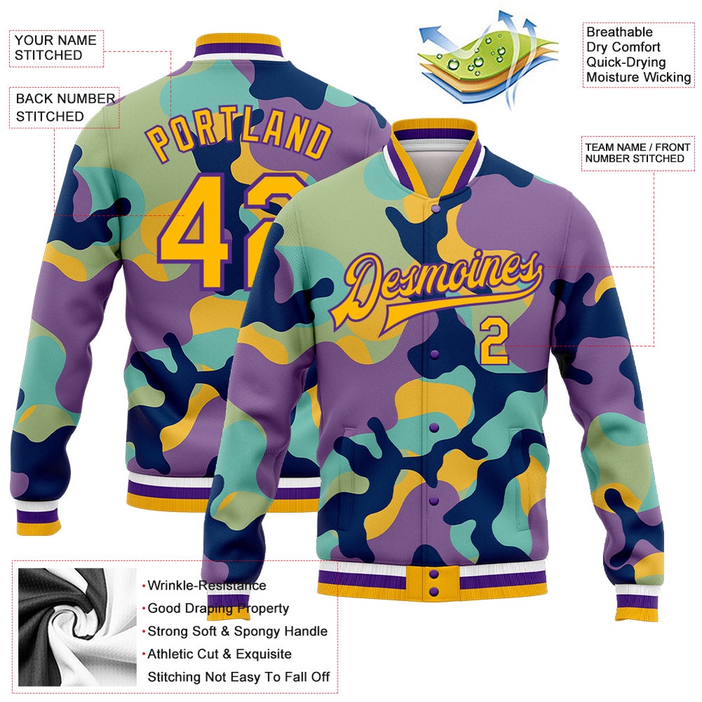 Custom Camo Gold Purple Fluorescent Camouflage 3D Bomber Full Snap Varsity Letterman Salute To Service Jacket, Custom Team Jacket