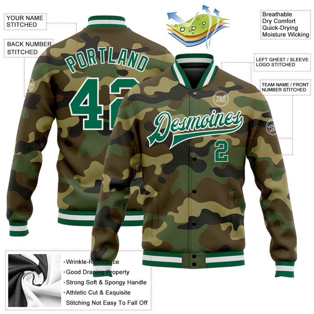 Custom Camo Kelly Green White Bomber Full Snap Varsity Letterman Salute To Service Jacket, Custom Team Jacket