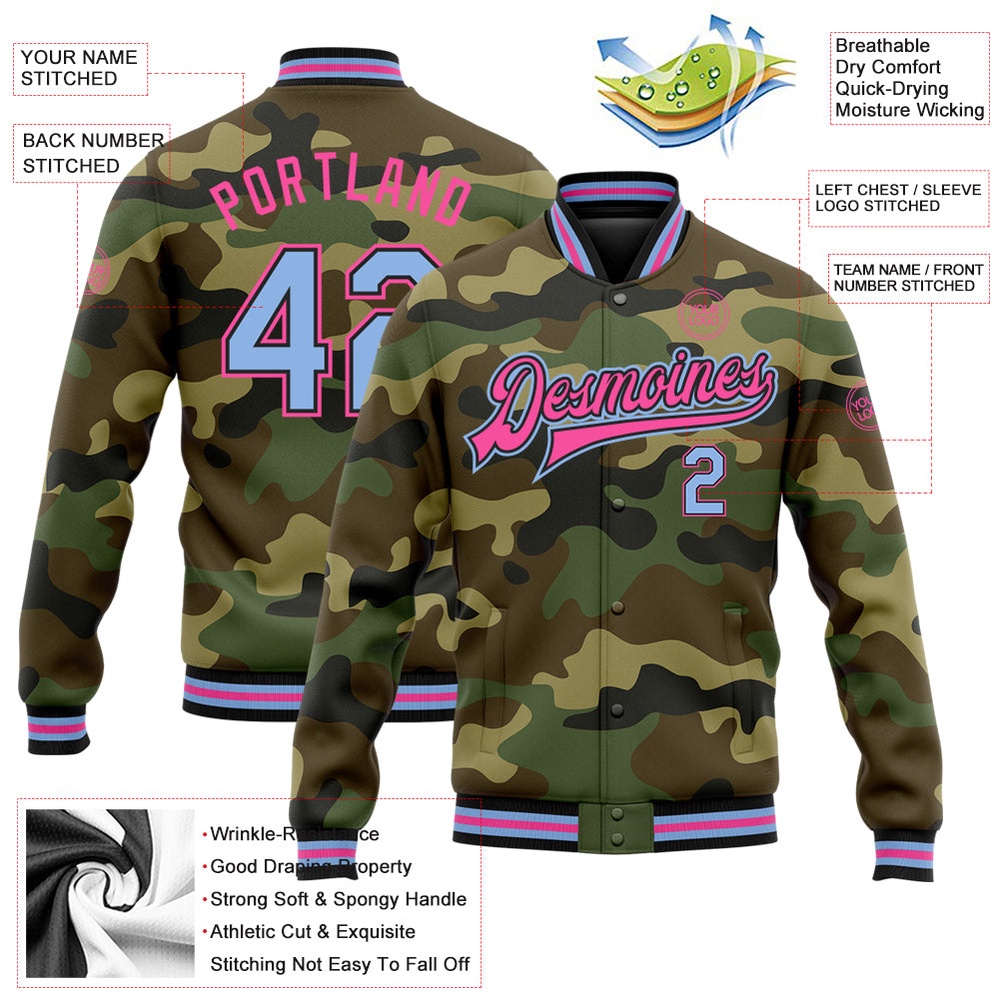 Custom Camo Light Blue Black Pink Bomber Full Snap Varsity Letterman Salute To Service Jacket, Custom Team Jacket