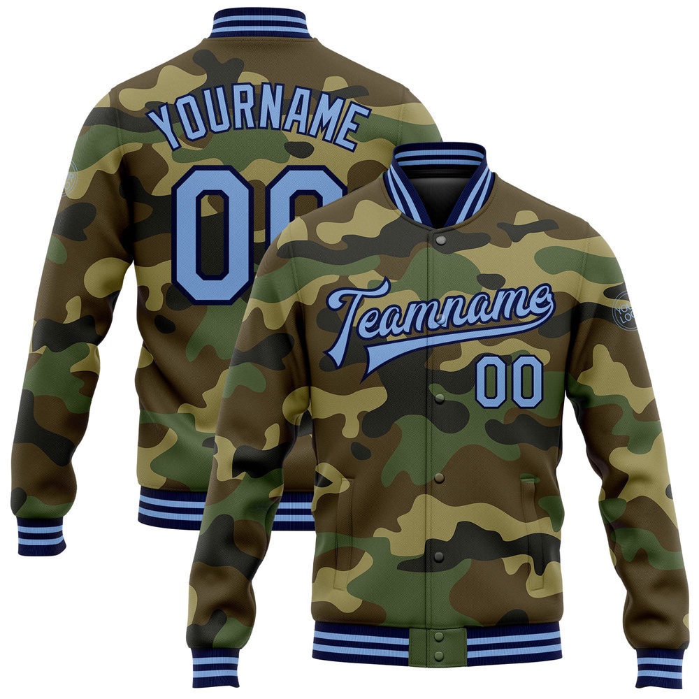 Custom Camo Light Blue Navy Bomber Full Snap Varsity Letterman Salute To Service Jacket, Custom Team Jacket