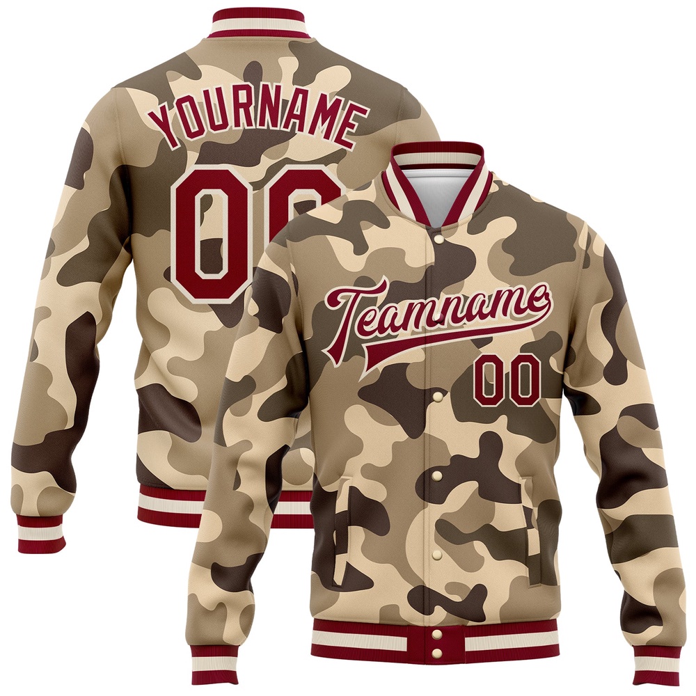 Custom Camo Maroon Cream Desert Camouflage 3D Bomber Full Snap Varsity Letterman Salute To Service Jacket, Custom Team Jacket