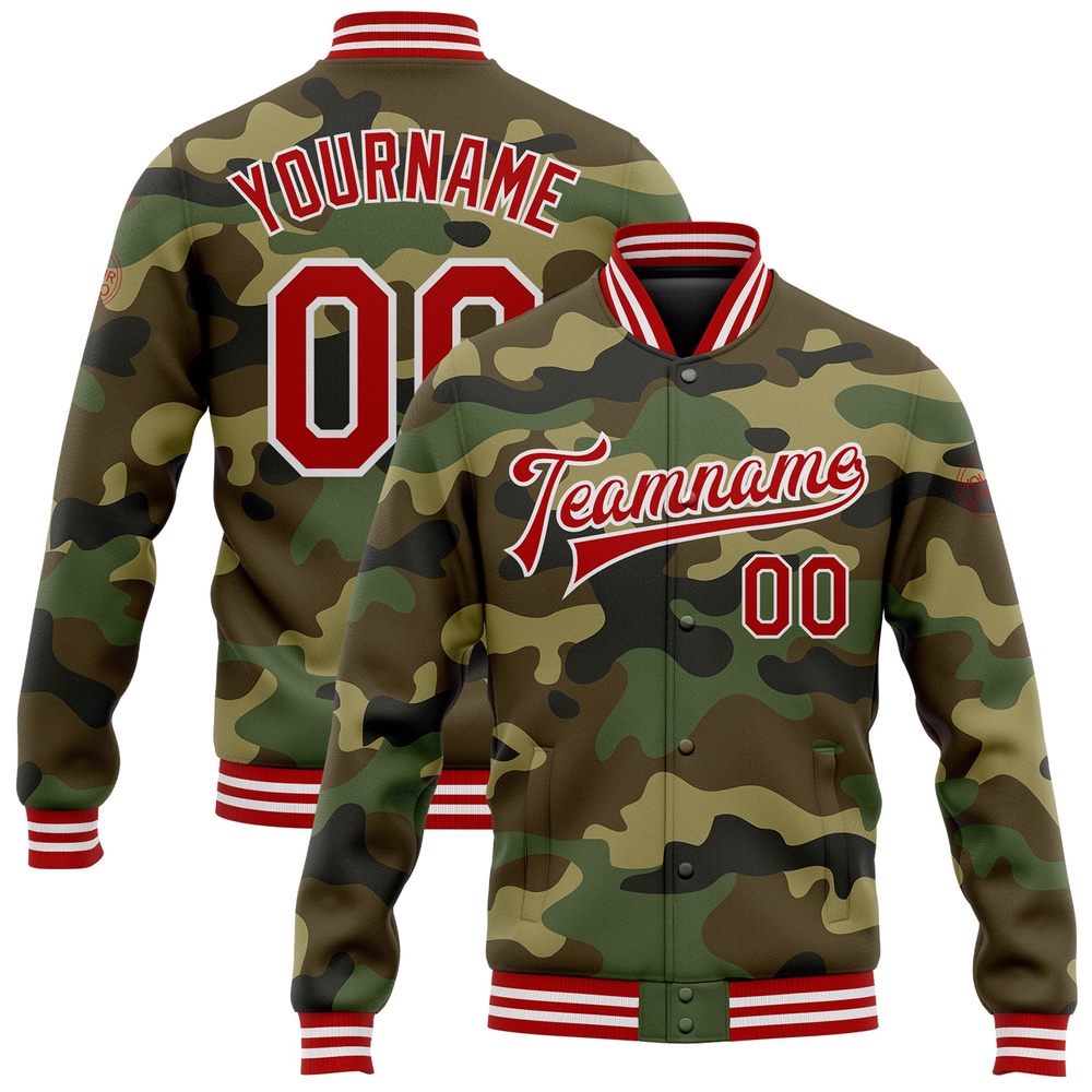 Custom Camo Red White Bomber Full Snap Varsity Letterman Salute To Service Jacket, Custom Team Jacket Custom Camo Red White Bomber Full Snap Varsity Letterman Salute To Service Jacket, Custom Team Jacket
