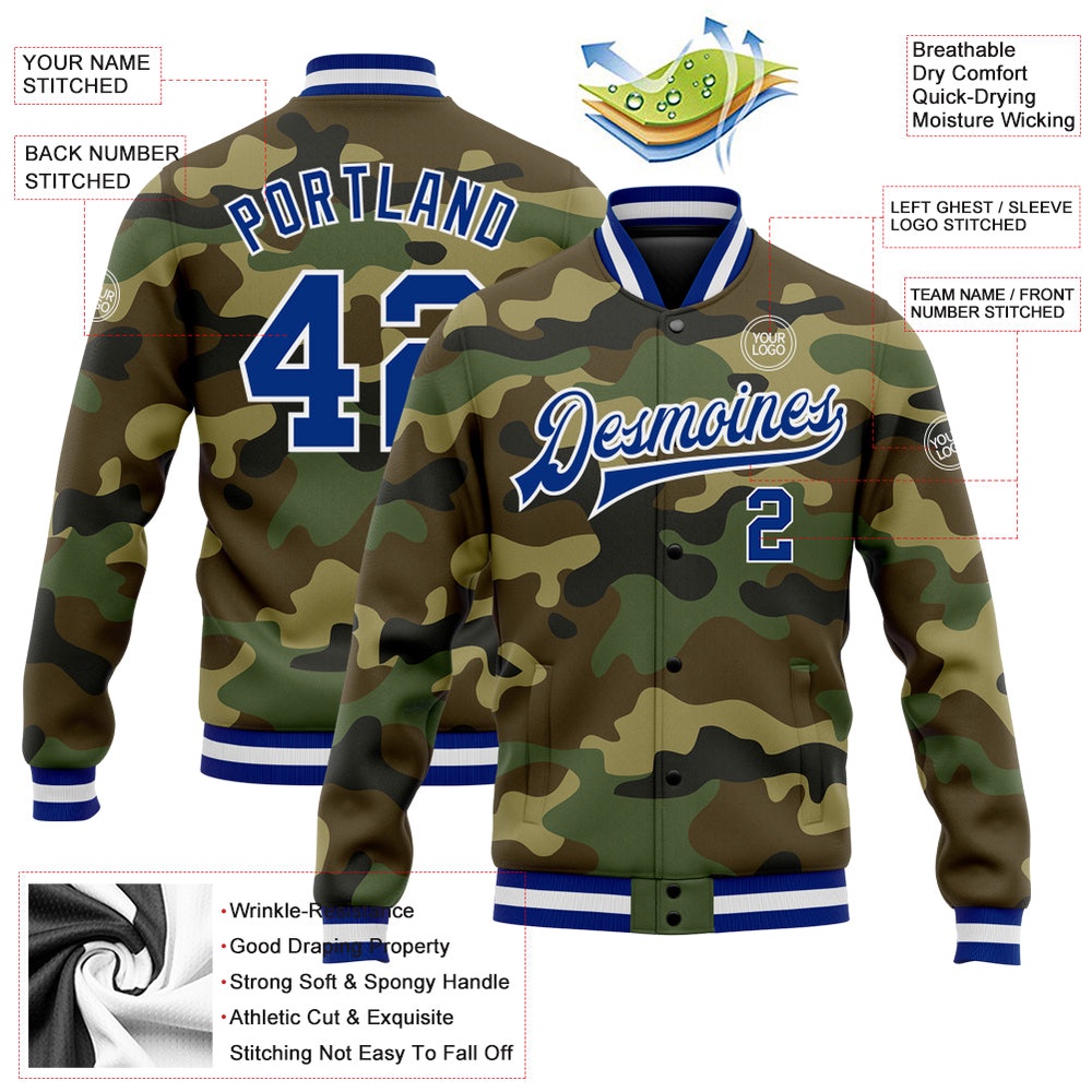 Custom Camo Royal White Bomber Full Snap Varsity Letterman Salute To Service Jacket, Custom Team Jacket