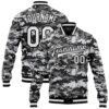 Custom Camo Vintage USA Flag Cream Maroon Bomber Full Snap Varsity Letterman Salute To Service Jacket, Custom Team Jacket