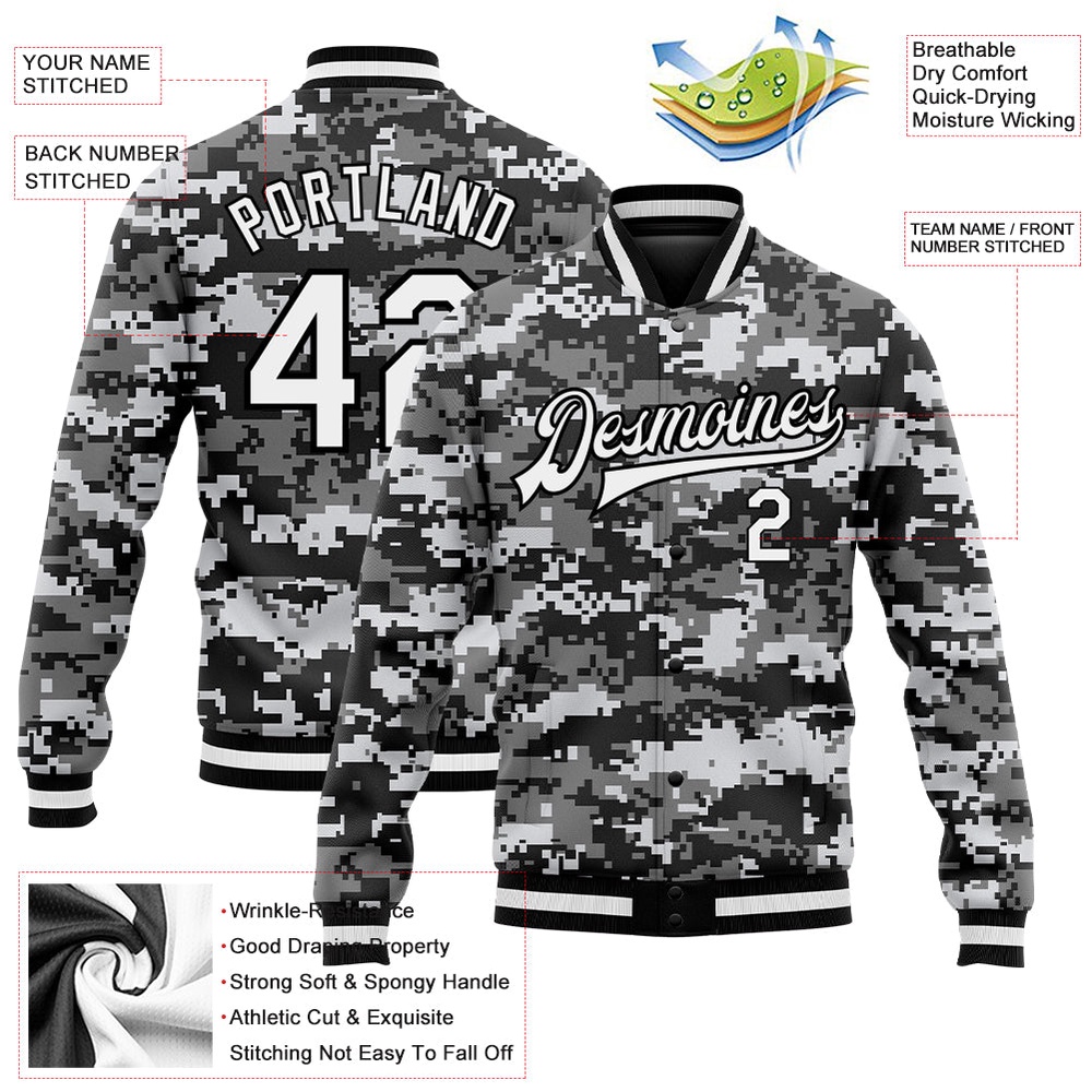 Custom Camo White Black 3D Bomber Full Snap Varsity Letterman Salute To Service Jacket, Custom Team Jacket