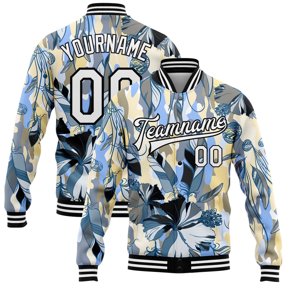 Custom Camo White Black Boho Style 3D Pattern Design Bomber Full Snap Varsity Letterman Salute To Service Jacket, Custom Team Jacket