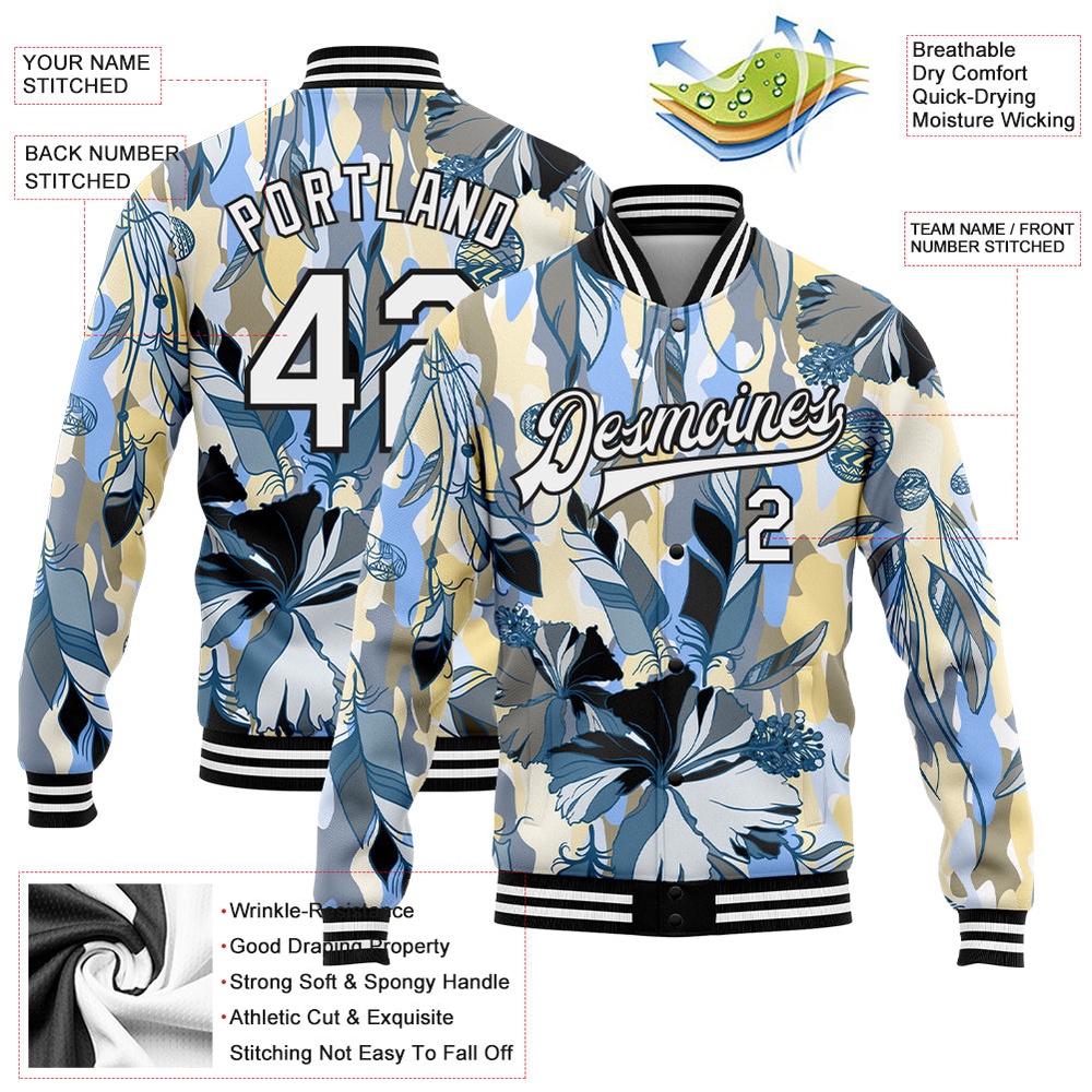 Custom Camo White Black Boho Style 3D Pattern Design Bomber Full Snap Varsity Letterman Salute To Service Jacket, Custom Team Jacket