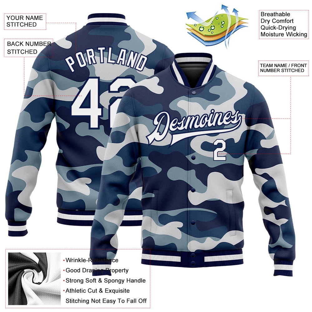 Custom Camo White Navy 3D Bomber Full Snap Varsity Letterman Salute To Service Jacket, Custom Team Jacket Custom Camo White Navy 3D Bomber Full Snap Varsity Letterman Salute To Service Jacket, Custom Team Jacket