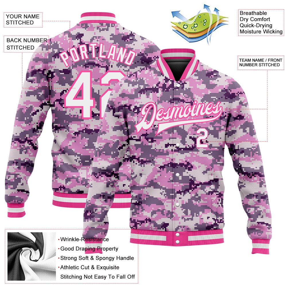 Custom Camo White Pink 3D Bomber Full Snap Varsity Letterman Salute To Service Jacket, Custom Team Jacket