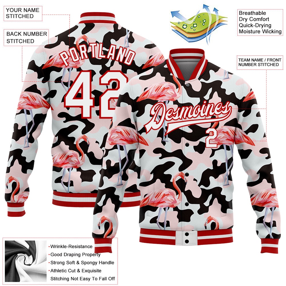 Custom Camo White Red Flamingo 3D Pattern Design Bomber Full Snap Varsity Letterman Salute To Service Jacket, Custom Team Jacket