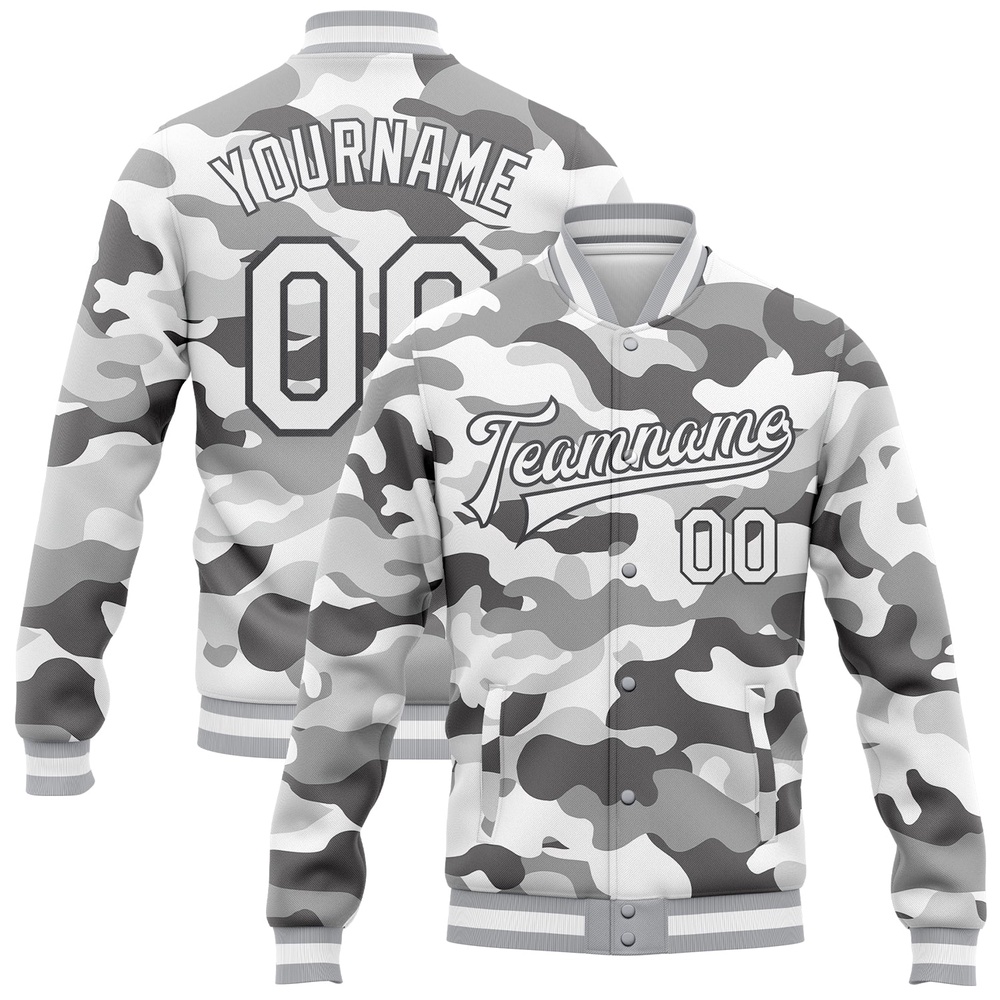 Custom Camo White Steel Gray Snow Camouflage 3D Bomber Full Snap Varsity Letterman Salute To Service Jacket, Custom Team Jacket