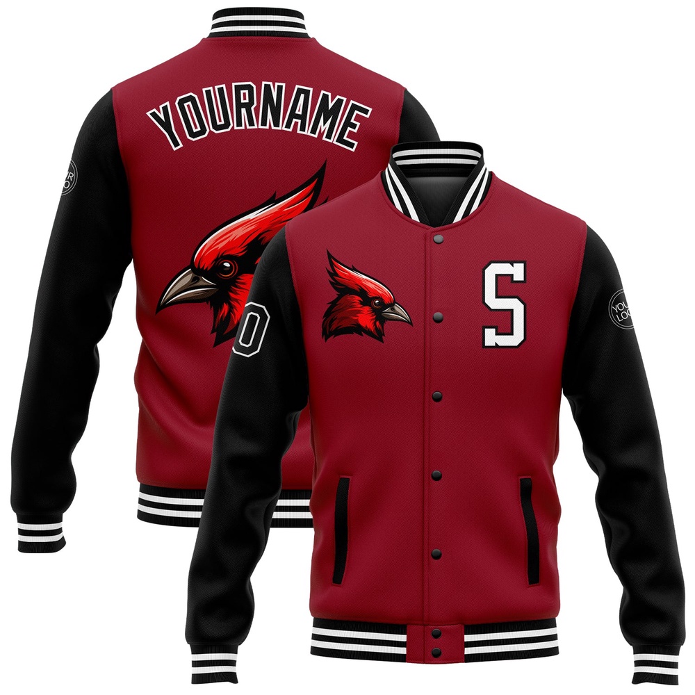 Custom Cardinal Black White 3D Pattern Design Bomber Full Snap Baseball Jacket, Custom Team Jacket
