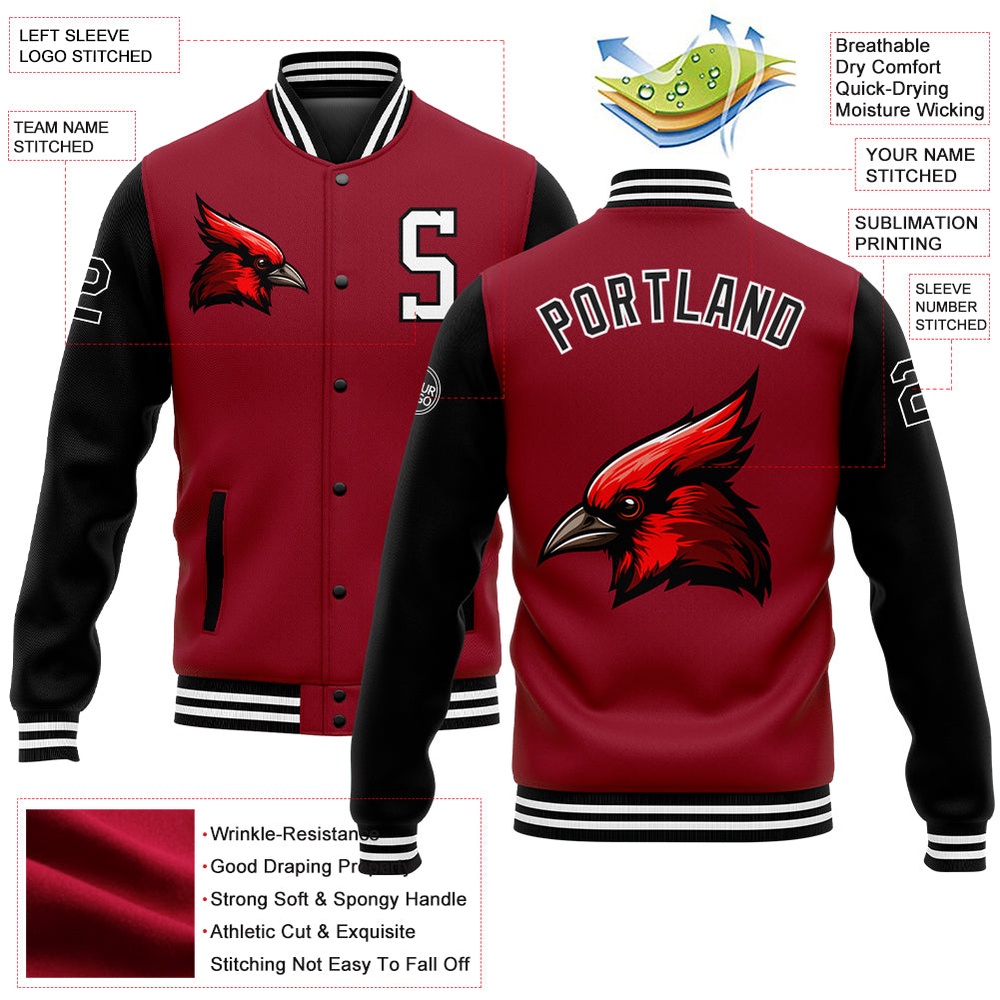 Custom Cardinal Black White 3D Pattern Design Bomber Full Snap Baseball Jacket, Custom Team Jacket