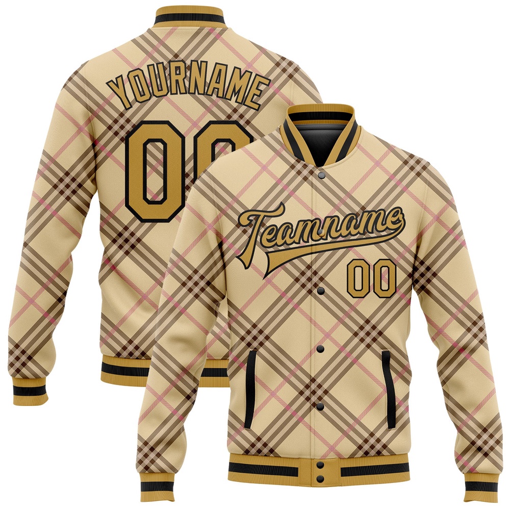 Custom City Cream Old Gold Black Light Pink Check Board 3D Pattern Design Bomber Full Snap Baseball Jacket, Custom Team Jacket