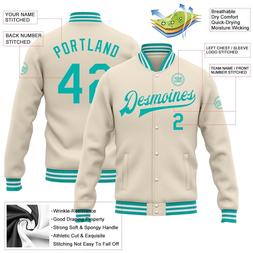 Custom Cream Aqua White Bomber Full Snap Baseball Jacket, Custom Team Jacket
