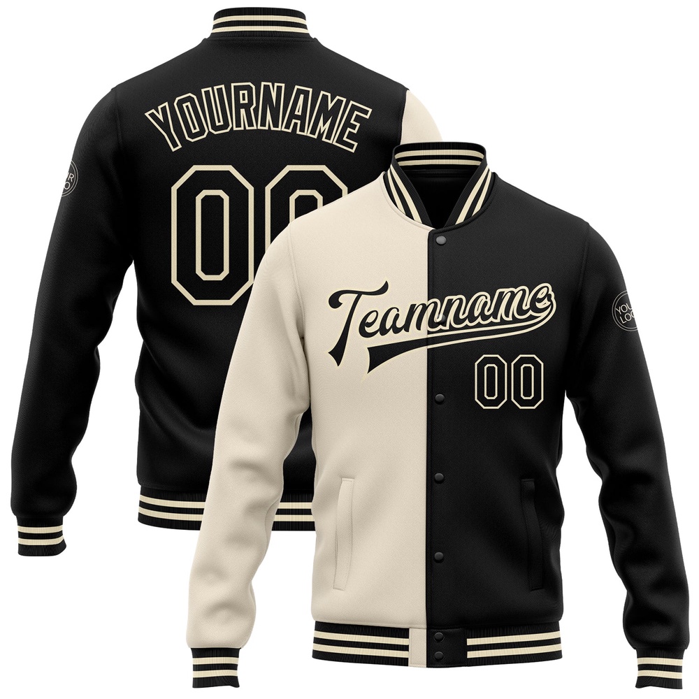 Custom Cream Black Bomber Full Snap Varsity Letterman Split Fashion Jacket, Custom Team Jacket