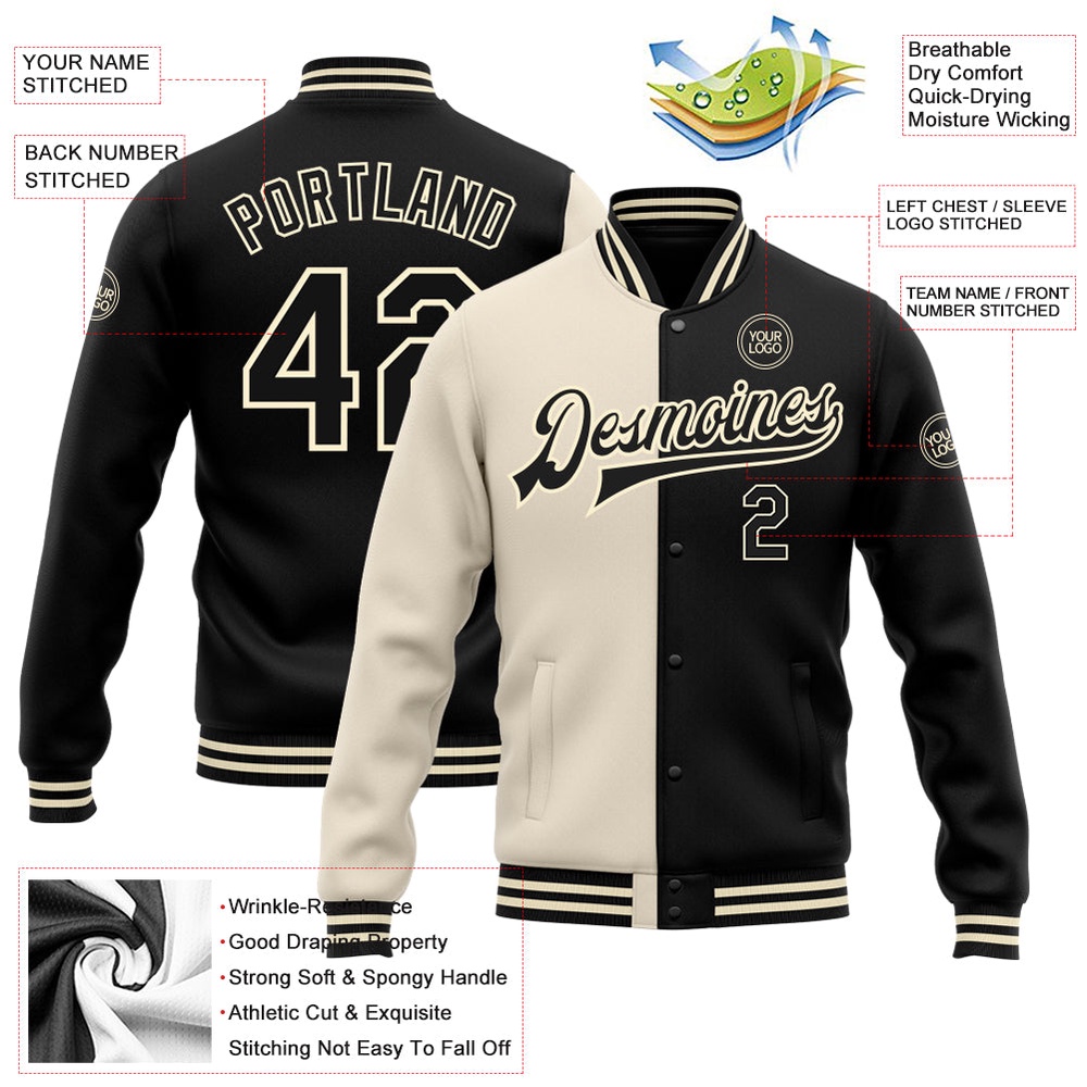 Custom Cream Black Bomber Full Snap Varsity Letterman Split Fashion Jacket, Custom Team Jacket