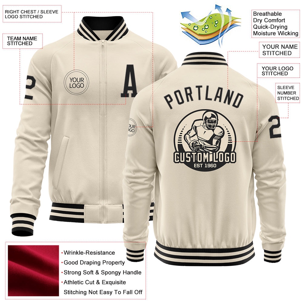 Custom Cream Black Bomber Varsity Baseball Jacket, Custom Team Jacket Custom Cream Black Bomber Varsity Baseball Jacket, Custom Team Jacket