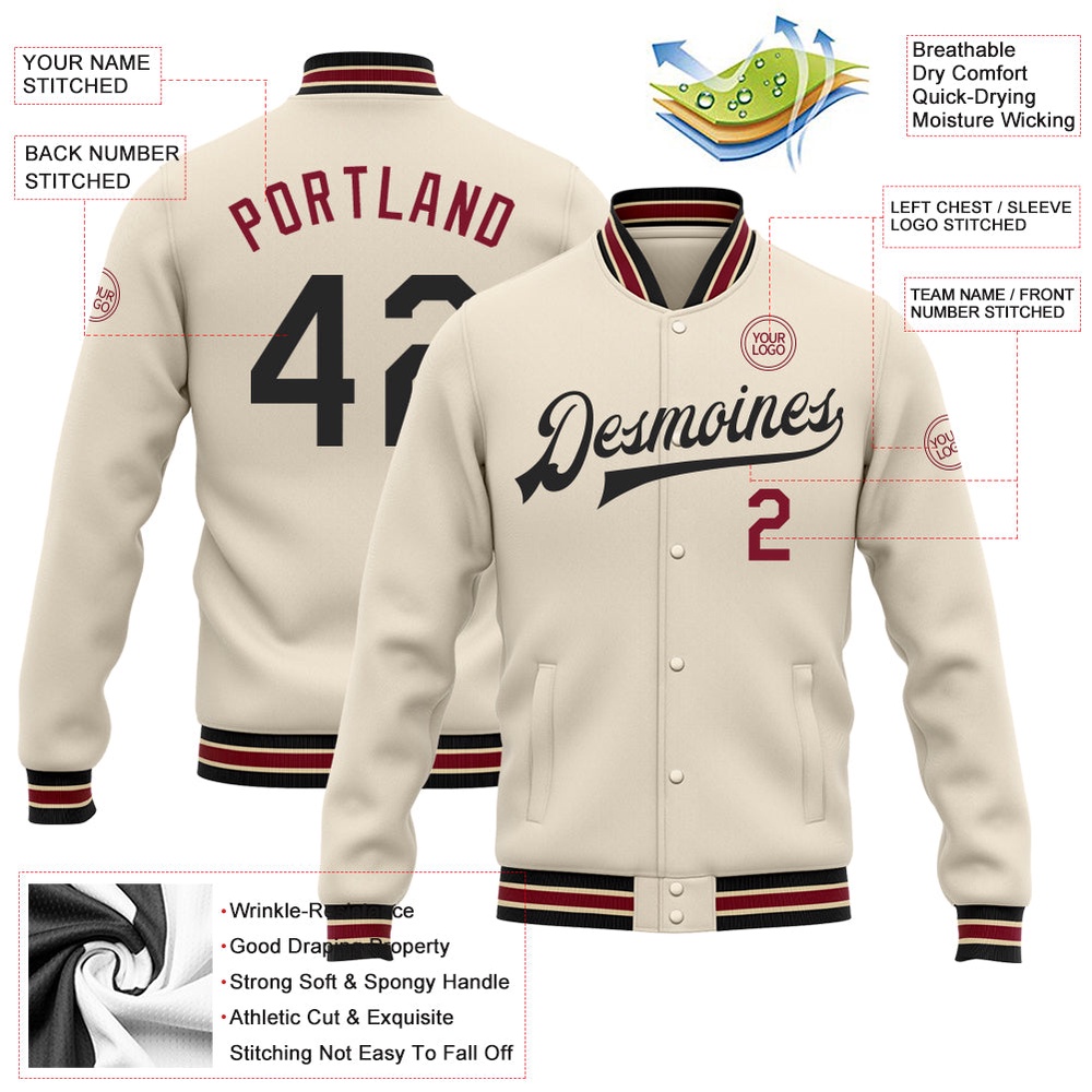 Custom Cream Black Crimson City Cream Bomber Full Snap Baseball Jacket, Custom Team Jacket