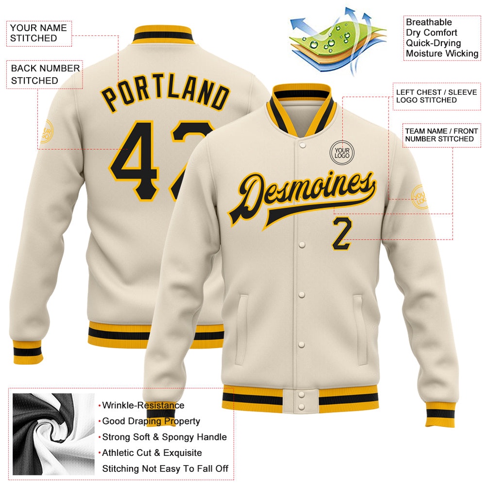 Custom Cream Black Gold Bomber Full Snap Baseball Jacket, Custom Team Jacket