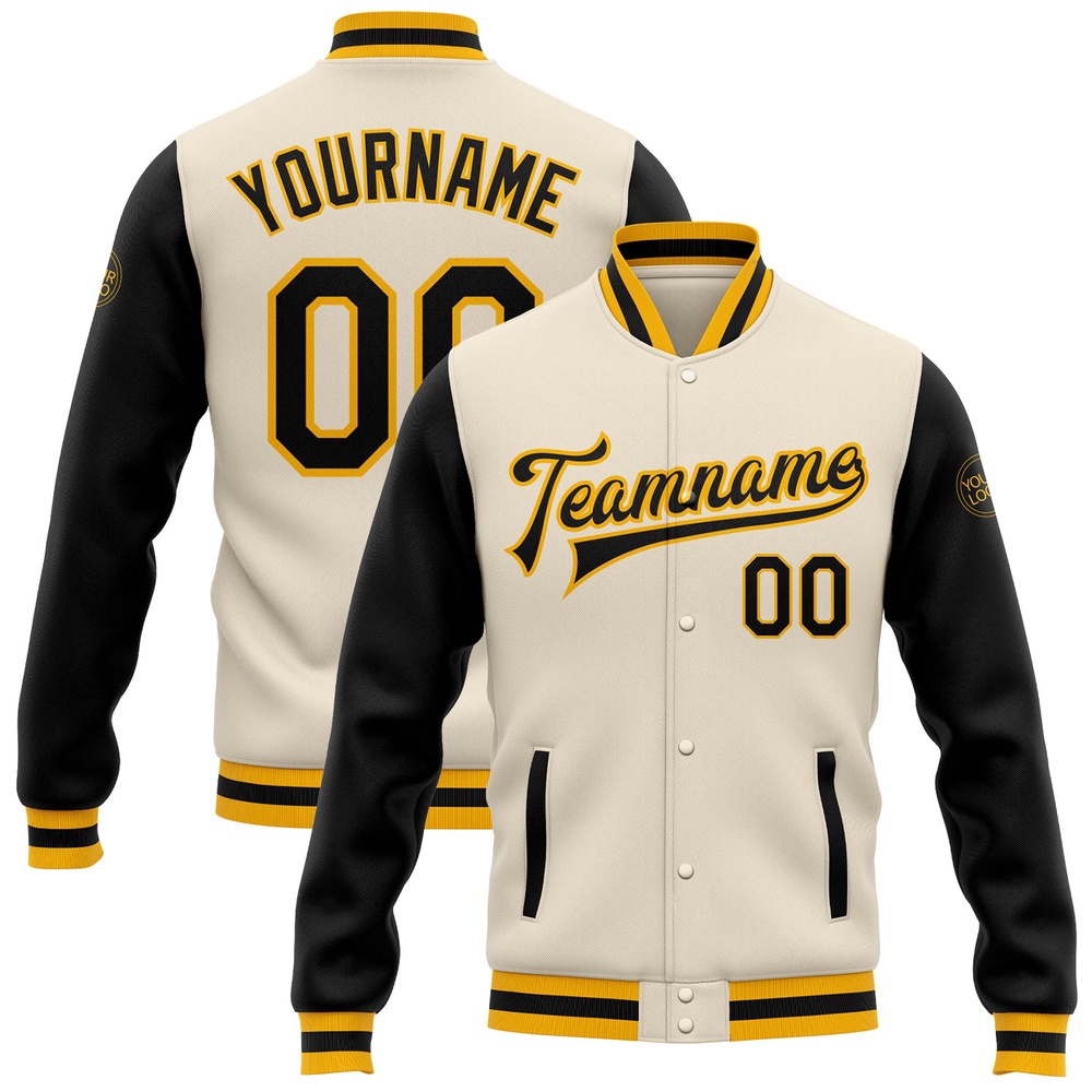 Custom Cream Black Gold Bomber Full Snap Varsity Baseball Jacket, Custom Team Jacket
