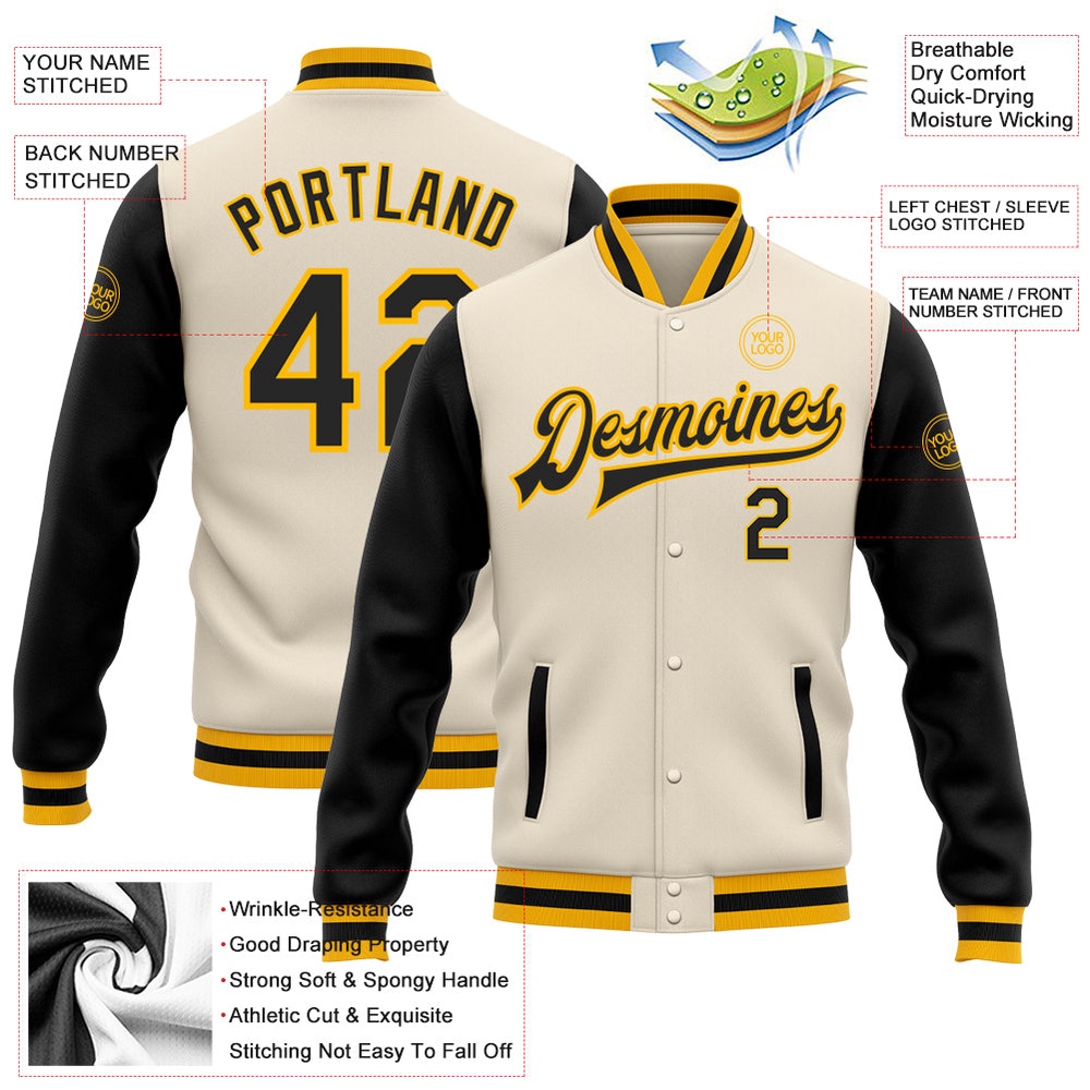 Custom Cream Black Gold Bomber Full Snap Varsity Baseball Jacket, Custom Team Jacket