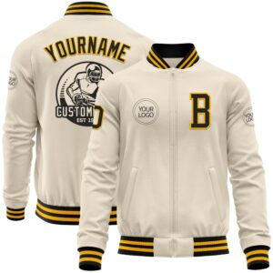 Custom Cream Black Gold Bomber Varsity Baseball&hellip;