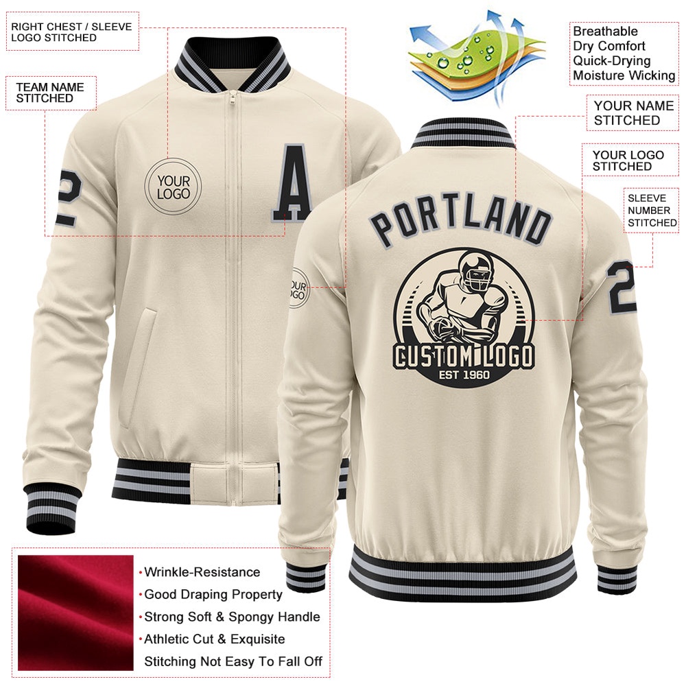 Custom Cream Black Gray Bomber Varsity Baseball Jacket, Custom Team Jacket